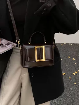 Coffee Brown Patent Vintage Gold Rectangular Statement Mini Bag