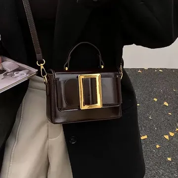 Coffee Brown Patent Vintage Gold Rectangular Statement Mini Bag