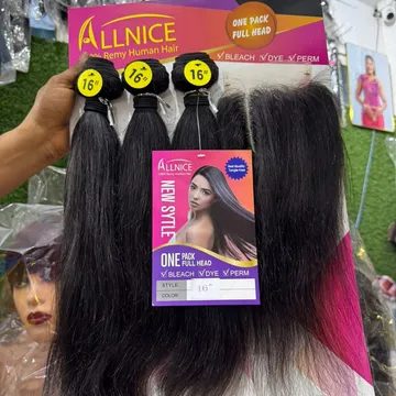 Allnice Remy Human Hair Extensions 16 Inch Straight Bleachable Dyeable Permable