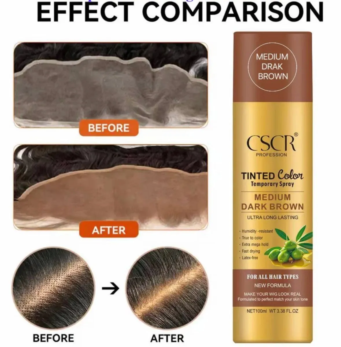 CSCR Tinted Color Temporary Spray Lace Tint for Wig Hairline Natural Finish Long Lasting Latex Free