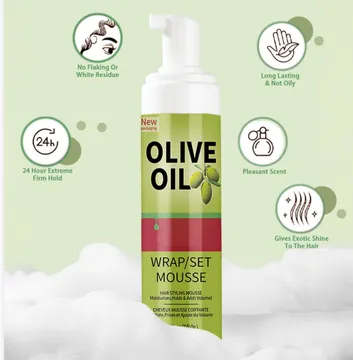 Olive Oil Wrap and Set Mousse Hair Styling Foam for 24 Hour Extreme Firm Hold Long Lasting Moisture and Exotic Shine No Flaking