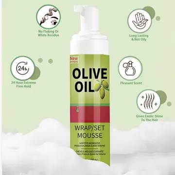 Olive Oil Wrap and Set Mousse Hair Styling Foam for 24 Hour Extreme Firm Hold Long Lasting Moisture and Exotic Shine No Flaking